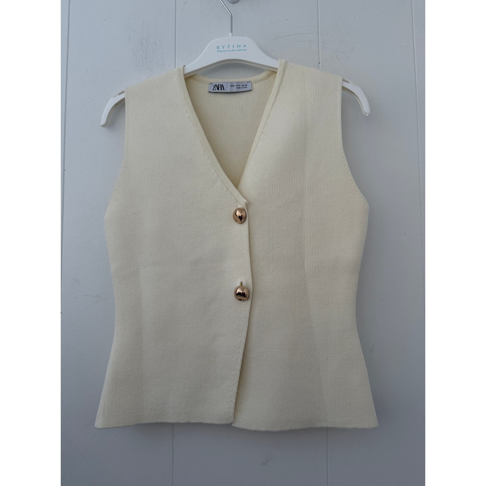 Zara Womens Knit Vest Cream V-Neck Gold Button Front Sleeveless Top Small